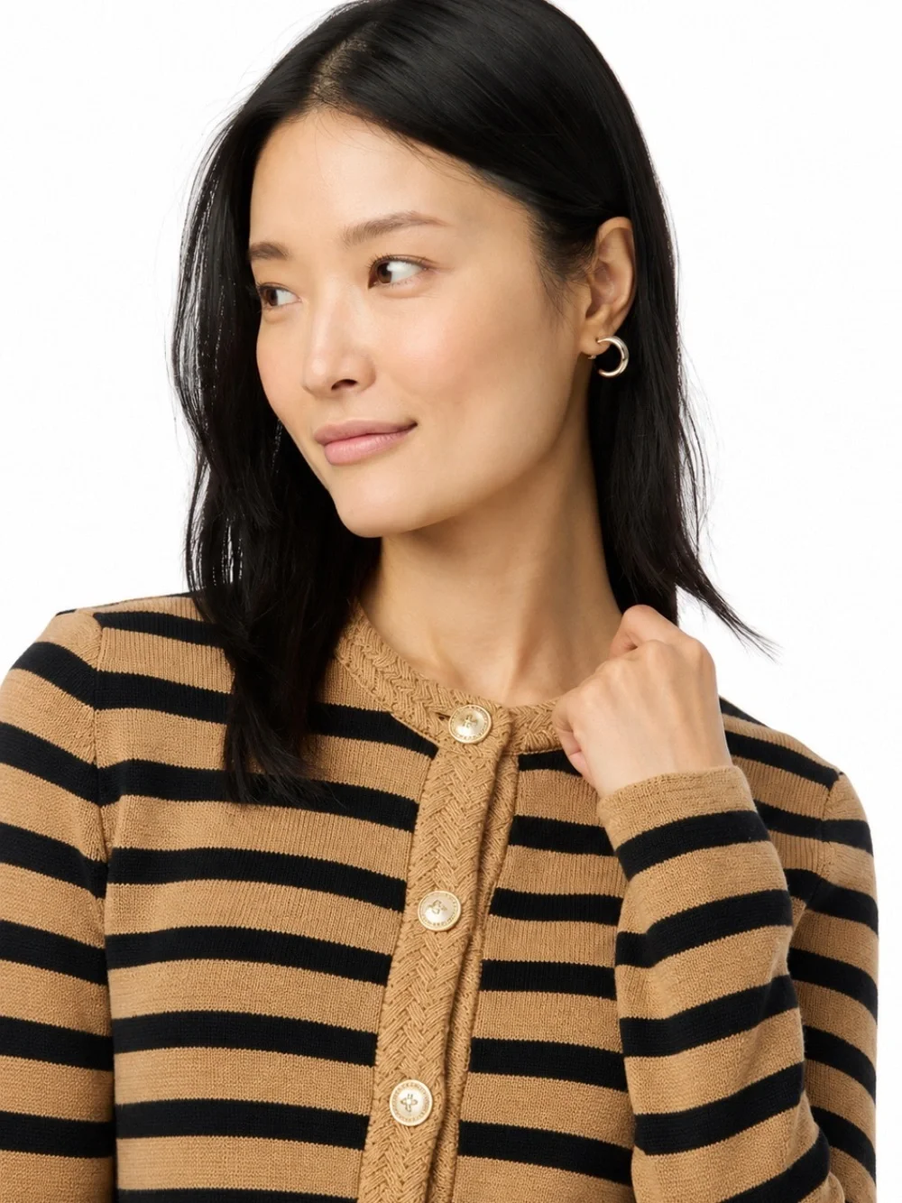 J.Crew Striped Cotton Lady Jacket Cardigan Sweater Camel/Black Small Like New!